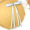 Detail of light blue silk satin double bow hair clip with long flowing ribbons - Blue