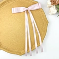 Detalle de pinza para el pelo de satén rosa con lazo doble en una bandeja decorativa - Rosa