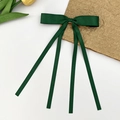 Detail of dark green satin bow hair clip with long ribbons and a yellow tulip - Dark Green