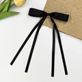 Elegant black satin bow hair clip with long ribbons and premium matte finish for girls - Black