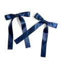 Detail of two dark blue satin bow hair clips with long elegant ribbon streamers - Navy Blue