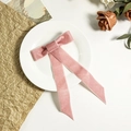 Detail einer rosa Samtschleife mit Bändern auf einem eleganten weißen Keramikteller - Rosa