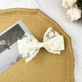Lace bow hair clip in cream white with floral embroidery and satin double layers - Beige