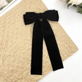 Elegant large black velvet bow hair clip with long ribbons for women's retro hairstyle - Black