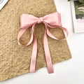 Detail van een roze satijnen strik haarclip met lange linten op een natuurlijke achtergrond - Roze
