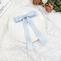 Detail of light blue satin ribbon hair clip with long streamers on a lace background - Blue