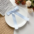 Détail d'une pince à cheveux avec nœud en satin bleu clair sur une assiette décorative - Bleu