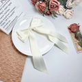Détail du nœud papillon élégant en satin crème avec de longs rubans sur une assiette - Beige