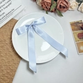 Elegante lichtblauwe satijnen strik haarspeld met lange linten op een decoratief bord - Blauw