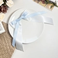Detailopname van een dubbellaagse blauwe en witte satijnen strik op een decoratief bord - Wit en Blauw