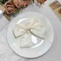 Nahaufnahme einer cremefarbenen Satin-Schleife mit Rüschenrand auf einem Keramikteller - Beige
