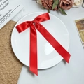 Detailopname van een grote rode satijnen haarstrik op een wit decoratief bord - Rood