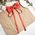 Détail d'une barrette à nœud en satin rouge avec de longs rubans sur papier - Rouge