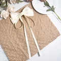 Detail einer eleganten cremefarbenen Satin-Haarschleife mit langen Bändern auf Papier - Beige