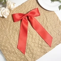 Detailed view of large red satin bow hair clip with long ribbons on rustic paper - Red
