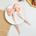 Primer plano de un pasador de pelo con lazo de satén rosa pálido en un plato de porcelana - Rosa Anaranjado