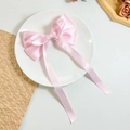 Primer plano de un lazo de raso rosa con cintas largas sobre un plato decorativo - Rosa