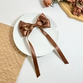 Detail der kaffeebraunen Satin-Haarschleife mit langen Bändern auf weißem Porzellan - Dunkelbraun