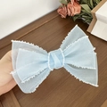 Barrette nœud en résille bleu clair avec bordure en perles pour coiffure élégante - Bleu