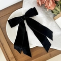 Elegante pinza de pelo de terciopelo negro con cintas largas y estilo vintage francés - Negro
