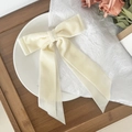 Detalle de lazo de pelo en terciopelo crema con cintas largas en un plato decorativo - Beige
