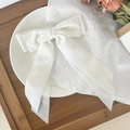 Detalle de un elegante lazo de terciopelo blanco para el pelo con cintas largas en bandeja deco - Blanco