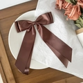 Close-up of elegant coffee brown satin bow hair clip with long ribbons on white tray - Dark Brown
