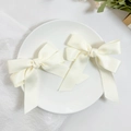 French style cream satin bow hair clips with long ribbons for women hair styling - Beige (Pair)