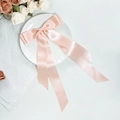 Detail of light pink satin bow hair clip with long ribbons on a white porcelain plate - Orange Pink
