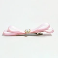 Sweet pink satin bow hair clip featuring a heart-shaped faux pearl and golden bead trim - Pink