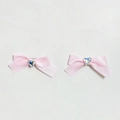 Set of two sweet pink satin bow hair clips with sparkling iridescent heart rhinestones - Pink