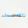Detail view of light blue satin layered bow hair clip with heart pearl center and metal clip - Blue