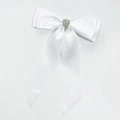 Elegant white silk bow hair clip with a sparkling rhinestone heart centerpiece for women - White