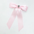 Elegant pink satin bow hair clip with a rhinestone heart crystal center for women - Pink