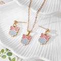 Pink mummy skull jewelry set with golden necklace and heart-eye stud earrings - Blue Skull with Pink Bow (A)