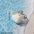 Cute white flocked seal animal keychain with silver lobster clasp and size dimensions - Cheering Seal