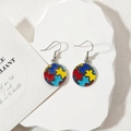 Colorful puzzle piece round drop earrings with multi-color enamel on white stone base - Round Jigsaw