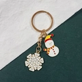 Détail d'un porte-clés bonhomme de neige de Noël avec anneau doré et flocon de neige sur fond vert - Bonhomme de neige et flocon de neige