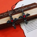 Gothic cross earrings with bat wings and red heart gemstone on vintage backdrop - Stainless Steel Earring Hook / Heart and Cross
