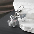 Cute grey flocked schnauzer puppy keychain with silicone head charm and silver metal clip - Schnauzer