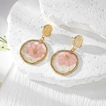 Irregular resin earrings with pink dried flowers and gold textured round studs - One Pink Flower With Crushed Stone