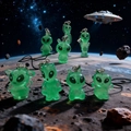 Set of 7 glowing green resin alien charms with UFO space background for phone or bag - 8-piece Set