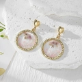 Elegant gold round resin earrings with real dried flowers and heart-shaped studs - Purple Pink Baby's Breath Crushed Stone Style