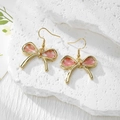 Handmade gold bow earrings with pink dried flowers in resin on stone base - Stainless Steel Earring Hook / Pink Flower Large Bow