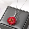 Vue détaillée du pendentif rond en résine avec fleur séchée rouge et chaîne argent - Rouge
