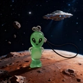 Leuchtender grüner Alien-Anhänger aus Harz mit Metallring und schwarzem Schlüsselband - Hände auf den Hüften Stil