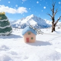 Pink and blue flocked cottage phone charm with silver lobster clasp and clear strap - Blue House (Phone Rope)
