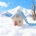 Colorful flocked snowy house charm with light blue roof and sky blue beaded phone chain - Blue House (Bead Chain)