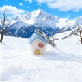 Blue and white flocking house phone charm with red heart detail and snow landscape - Blue Heart House (Phone Rope)