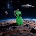 Green alien resin charm with UFO theme, including black strap and silver keychain - Squatting Style